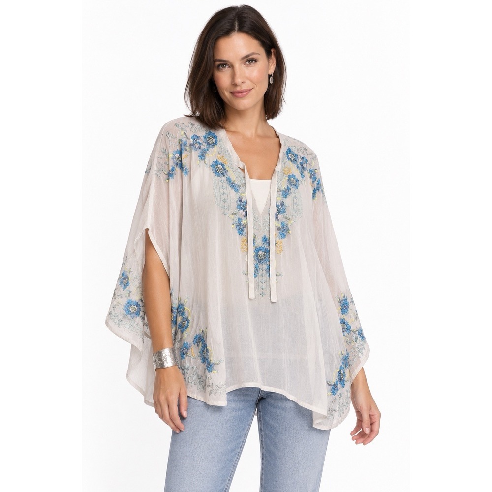 Johnny Was Poncho Blue Floral Embroidered Cupro Rayon Tie Neck Boho Sheer Top XS